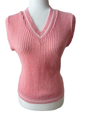 Vintage Y2K Pink Ribbed Knit Sweater Vest Made in USA Fitted Preppy 90s Small